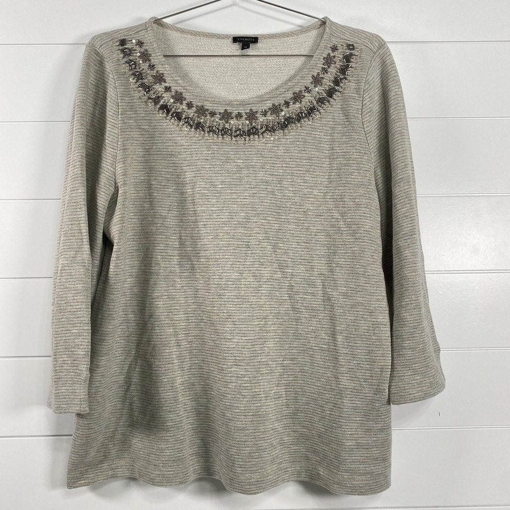 Talbots Sweater Womens XL Gray Gold Stripe Embellished Beaded Scoop Neck Top